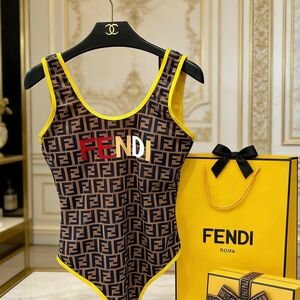 Fendi One Piece Swimsuit with Logo and Yellow Trim